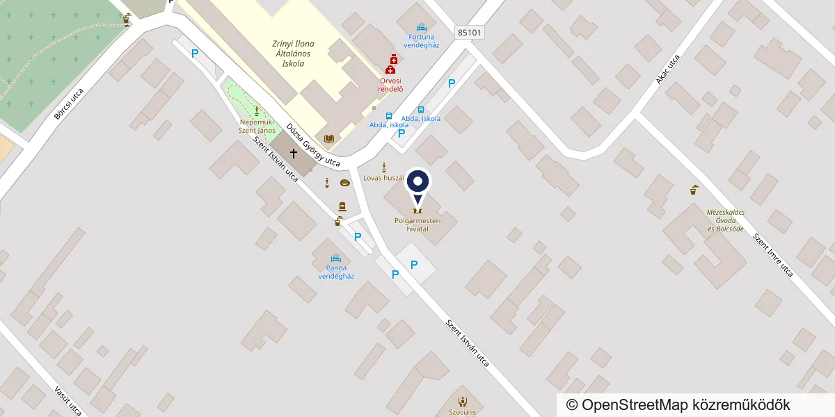 Térkép: az abdai községháza (Szent István utca 3.) helye. A térképre kattintva az OpenStreetMap nyílik meg.