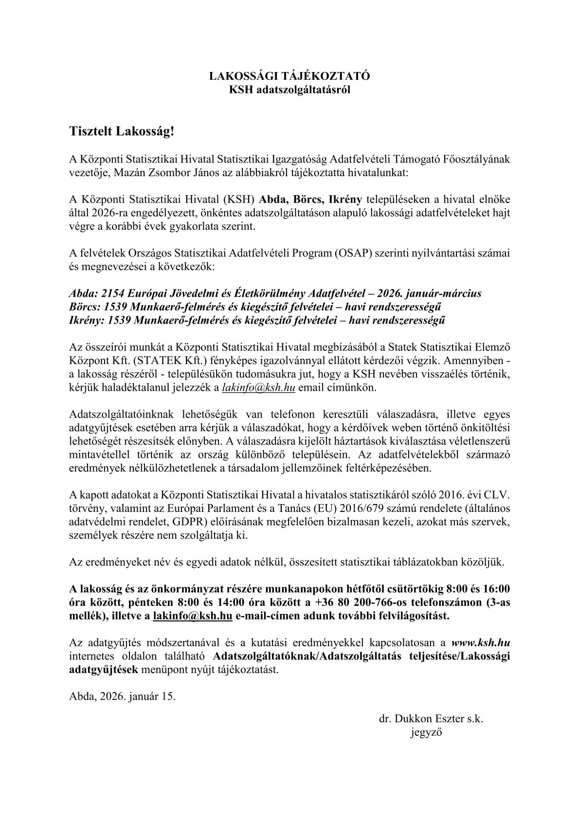 KSH lakossági tájékoztató